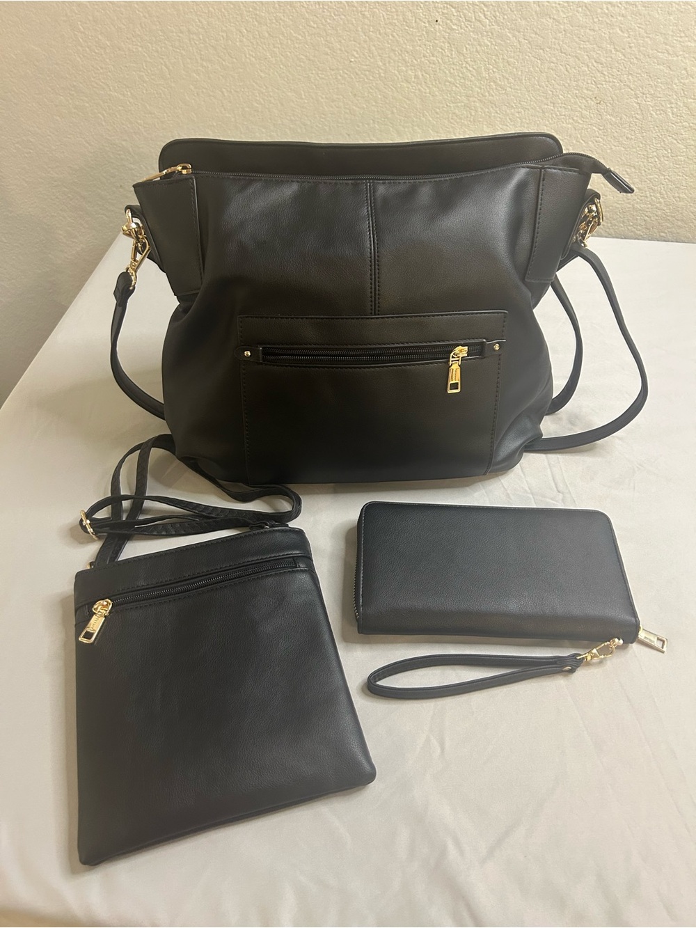 Large Black Hobo Shoulder Purse, Crossbody Bag and Wristlet Wallet (3 bags) New